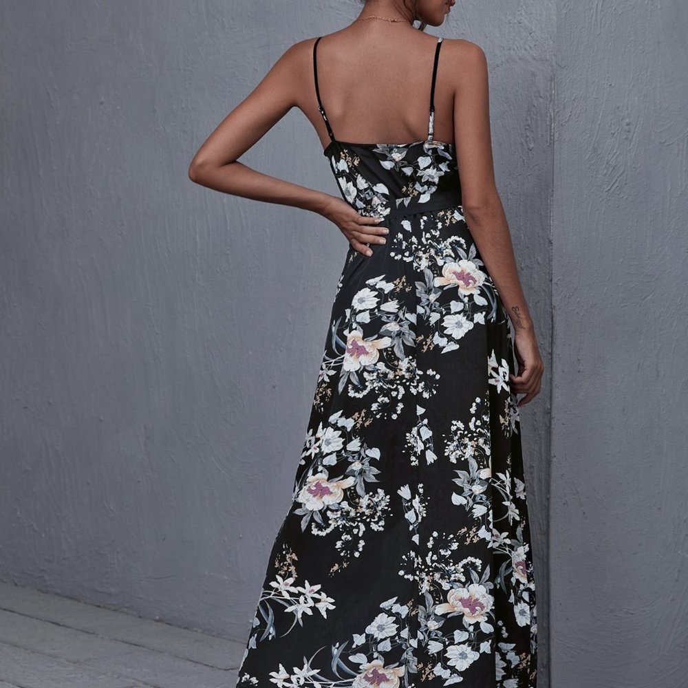 New Wrap Belted Floral Print Cami Dress Black - Picture 2 of 5